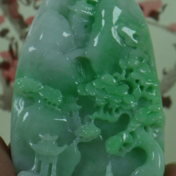 Cert'd Green Natural A Jade jadeite Pendant Carved Landscape 山水 - Picture 8 of 8